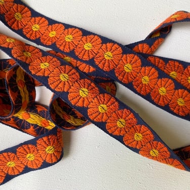 70's Vintage Floral Fabric Trim, Orange, Yellow Navy Blue, Contemporary Asian Flowers, Sewing Trim, Boho, 1-1/8