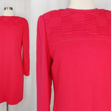 Vintage Eighties CH by Carolina Herrera Pink Wool Long Sleeve Sheath Dress - 80s Size 6 Pink Textured Wool Dress 