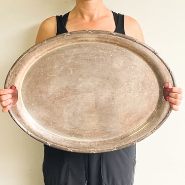 Large 24” Oval Vintage Footed Silver Tray Silverplate Serving Tray Etching Silver Plate Oversized Centerpiece Tray with Handles 