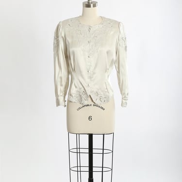 90s Gray Silk embroidery crochet floral blouse 