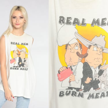 Real Men Burn Meat Shirt Y2k Funny Tank Top Barbecue BBQ Cowboy Chef Coyote Graphic Tee Retro Joke T-shirt Vintage 00s Extra Large xl 