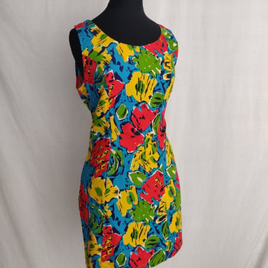 Vintage 60s Colorful Abstract Mini Dress // Blue, Red, Orange, and Green Sleevless Summer Dress 
