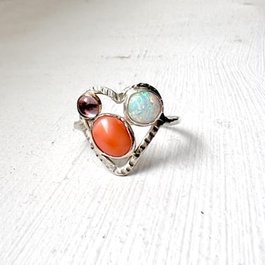 Multi Stone Heart Ring Handmade in Sterling Silver 