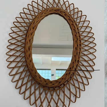 French Rattan Mirror, c. 1970s, 15" x 20"