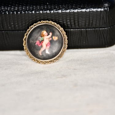 Antique Hand Painted Porcelain Cherub Collar Button Brooch C 1880-1899 Angel Pin Georgian Gold Plated Sterling Silver RARE Collectible 