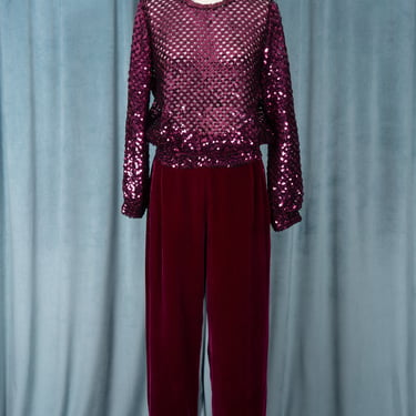 Vintage 80s Themes Burgundy Sequin Mesh Woven Top with Balloon Sleeves 