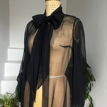 Sexy Sheer Black Nylon Jacket Pussy Bow and Blouson Sleeves To 40 Bust Vintage 
