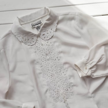lace collar blouse | 80s 90s vintage silky white embroidered antique style romantic cute cottagecore vintage blouse 