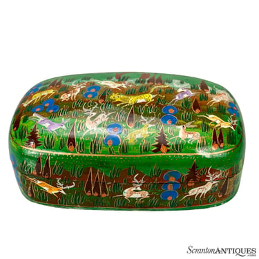 Vintage India Paper Mache Lacquered Tiger Hunting Motif Trinket Storage Box