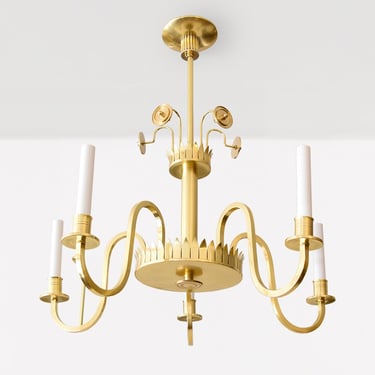 Swedish Grace 5-arm brass chandelier with double crowns.