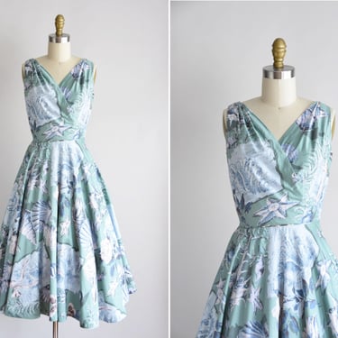 1950s Lost Letters dress/ vintage 1950s novelty daydress/ Alex Coleman roses and sea shells dress 