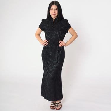 Vintage Asian Style Dress 90s Black Floral Jacquard Maxi Dress Party Boho Cheongsam Mandarin Collar Cocktail Evening 1990s Medium 8 