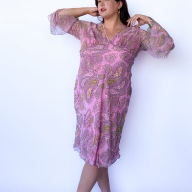 Y2K Pink Paisley Beaded Bias Cut Dress, sz. L-2XL