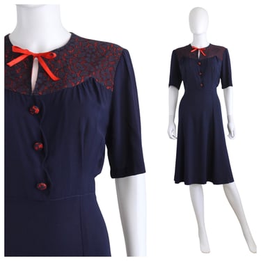 1940s Navy Blue Rayon Swing Dress with Red Lace Detail - 1940s Navy Blue Dress - Vintage Swing Dress - 1940s Blue and Red Dress | Size Large 