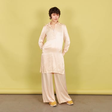 70s Light Pink Satin Tunic Robe Set Vintage Pant Long Blouse Matching Two Piece Set 
