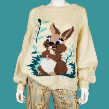 Vintage bunny rabbit sweater. Large knit graphics. 70s 80s 90s. Bishop sleeves. Cutesie animal print. Fall winter fashion. Kawaii. 