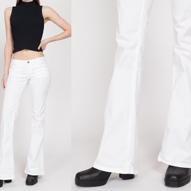 Small Y2K United Colors of Benetton White Low Rise Flares | Vintage Twill Bell Bottoms Low Rider Flared Pants 