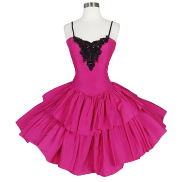 Vintage 80s Hot Pink Taffeta Black Beaded Sequin Tiered Full Skirt Prom Cocktail Party Dress S Small M Medium Long Tulle Bow Homecoming HoCo 