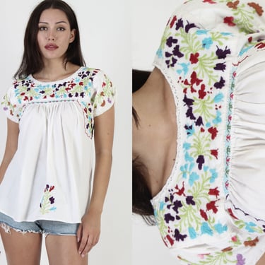 White Oaxacan Top / Rainbow Floral Hand Embroidered / Crochet Lace Mexican Tunic / Traditional Festival Blouse 