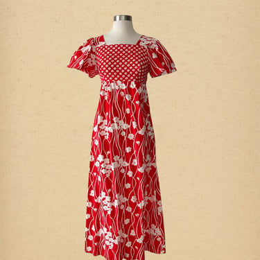 Vintage 1970s Red & White Floral Maxi Dress, Size Estimate XS 