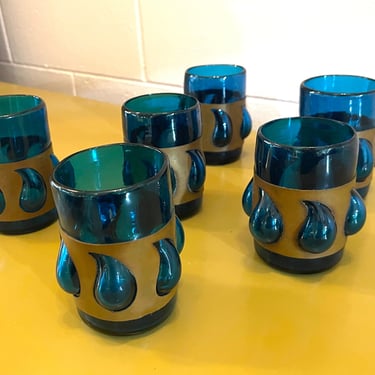 Vintage 1970s Set of 6 Felipe Derflingher Brutalist Mexican Blown Glass & Brass Tumblers 