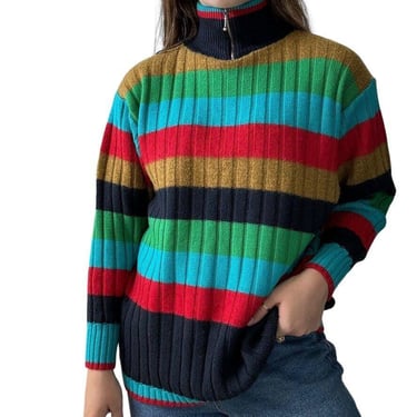 Vintage 1980s Mondi Rainbow Striped Wool Quarter Zip Ski Sweater West Germany 