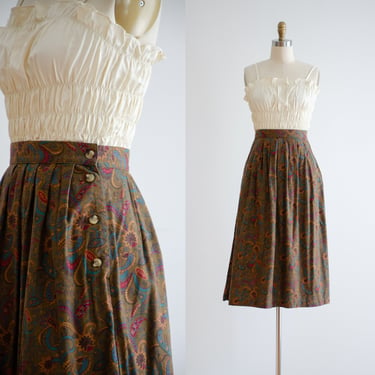 paisley midi skirt 80s 90s vintage Eddie Bauer olive brown cotton dark academia skirt 
