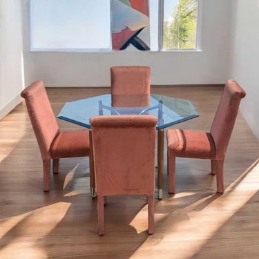 1980s Postmodern Dining Set – Octagonal Glass Table w/ Sculptural Base & 4 Pink Upholstered Chairs, Art Deco Revival Style 