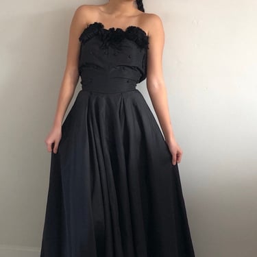 50s taffeta gown / vintage 1950s black silk taffeta strapless long cocktail wedding guest evening maxi dress | XS 