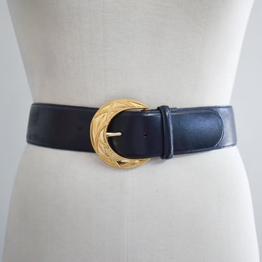 1990s Liz Claiborne Navy Leather Belt with Gold Buckle 