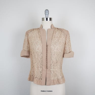 Vintage 1940s blouse, embroidered net lace, sheer, neutral, romantic tops, elegant, rhinestone buttons, size large 