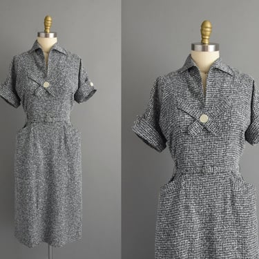 vintage 1950s dress | Black & Gray Woven Cotton Twill Pencil Skirt Dress | Medium | 50s dress 