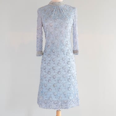 Elegant 1960's Powder Blue Beaded Lace Shift Dress / SM