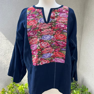 Vintage boho unisex Guatemalan folk art tunic top cotton blue with handmade needlepoint M/L 
