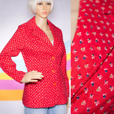 Vintage 1970s Quilted Red Floral Blazer | XS | 2 