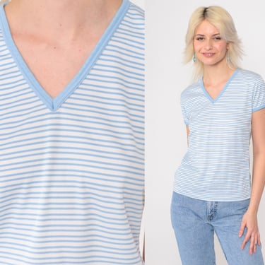 Striped T-Shirt 80s Blue White Shirt Ringer Tee Basic TShirt V Neck Casual Top Single Stitch Short Sleeve Vintage 1980s Small 