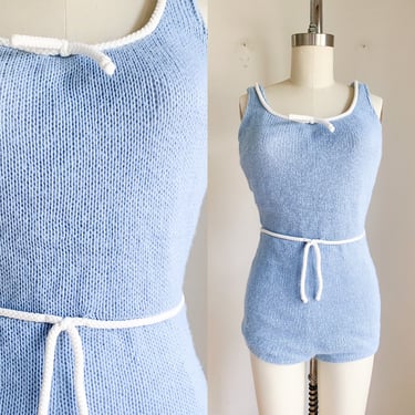 Vintage 1960s Blue Knit Swimsuit / M 