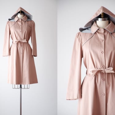 pink trench coat | 70s 80s vintage light pink blush beige belted hooded princess coat rain jacket 