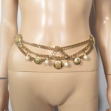 Vintage 80s Chunky Gold Chain Charm Belt Size S - L 