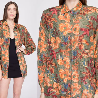 90s Silk Earth Tone Floral Blouse - Medium | Vintage Long Sleeve Button Up Flower Print Oversize Secretary Top 
