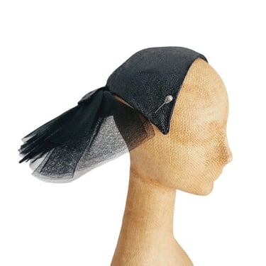 Vintage 50s Bes-Ben Hat Black Straw Large Rear Bow Panel 