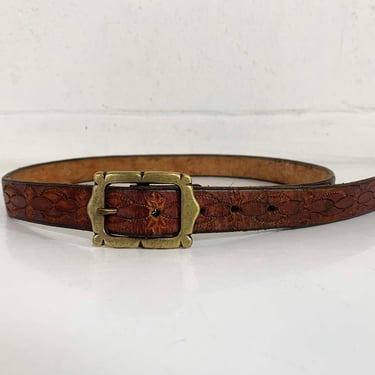 Vintage Stamped Leather Belt Unisex Western Cowgirl Cowboy Rockabilly Country Southwestern Embossed Brass Metal Buckle Large 1970s 