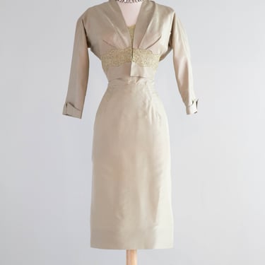 Elegant 1950's Sage Green Silk Cocktail Dress With Matching Jacket / Medium