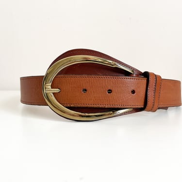 Vintage ‘80s - early ‘90s JOAN & DAVID brown leather belt | oversize brass buckle, M 