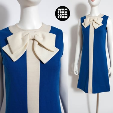 ICONIC Vintage 60s Blue Knit Mod Sleeveless Shift Dress with Bow 