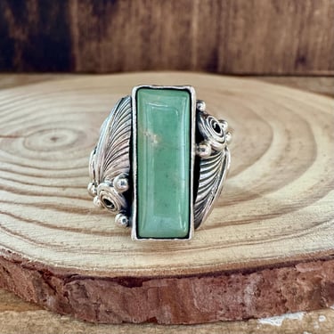 REGAL FEATHERS Silver & Turquoise Ring | Large Rectangle Statement | Navajo Native American Southwestern Jewelry | Size 7 1/4 