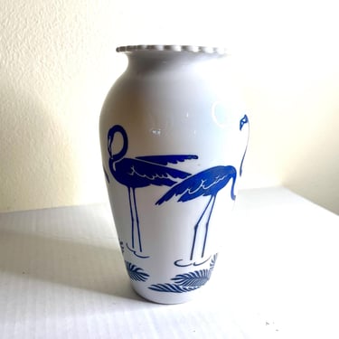 Vintage Mid Century Modern 1950s Anchor Hocking Blue Flamingo Milk Glass Vase 