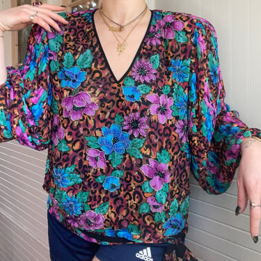 1980s Diane Freis Leopard and Floral Blouse with Bishop Sleeves size Medium Large 