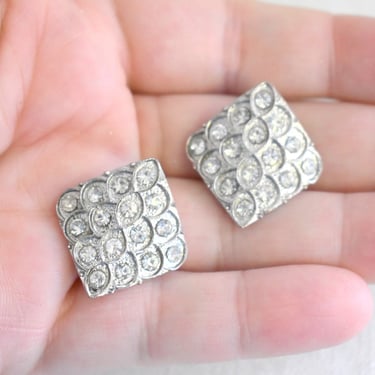 1960s Rhinestone Wavy Squares Clip Earrings 