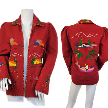 1950's Red Felted Wool Mexican Embroidered Souvenir Jacket I Sz Sm I Tourist Coat 